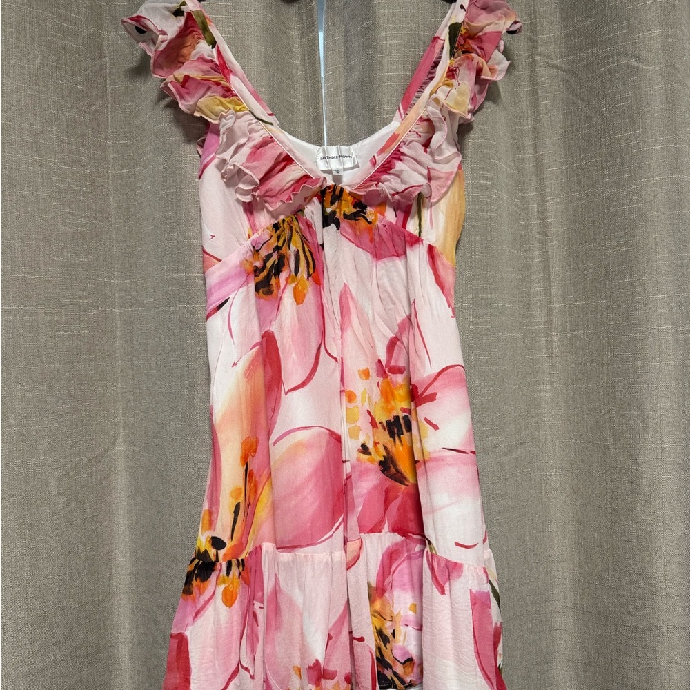 Lavender Brown Pink Floral Dress with Ruffle Detail